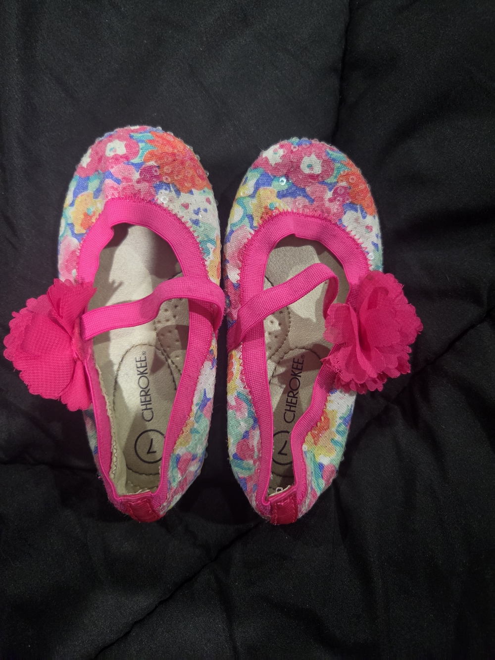 Cherokee Pink Multicolor Floral Mary Jane Kids Shoes with Flower Accent